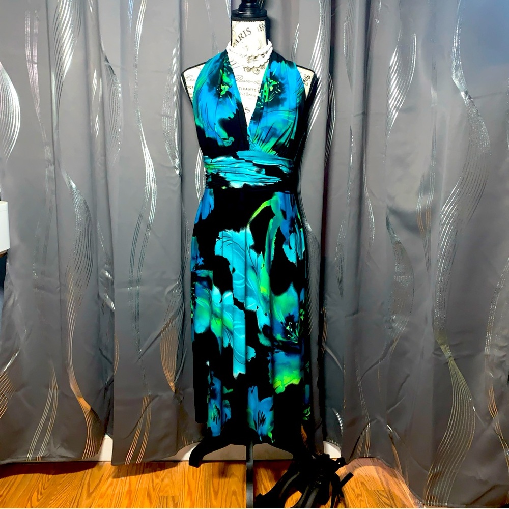 Evan Picone Dress Black W/ Green Floral V Neck Tank Top MIDI Size 6